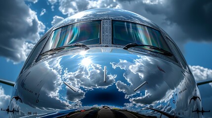 Close up of an airplane nose cone with reflections of the sky