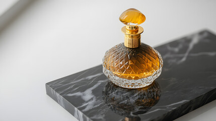 Perfume Bottle with Gold Accents on a Black Marble Stand