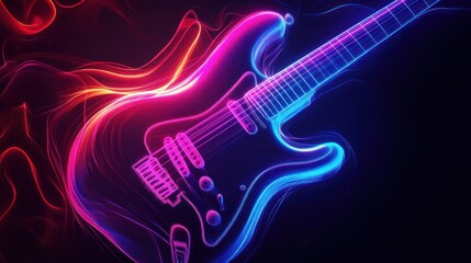 Obraz premium Abstract guitar silhouette, neon outlines, pulsing, evolving, dark background.