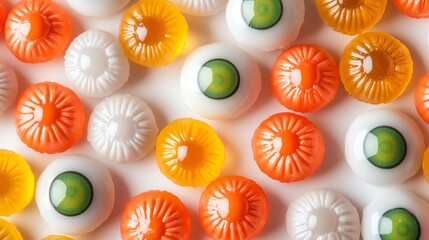 Colorful candy eyeballs on a white background.