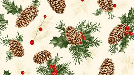 Fototapeta premium Autumn leaves seamless pattern featuring various plants, branches, and berries, perfect for wallpaper and festive decorations