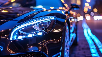 close up of front view luxury car at night road view
