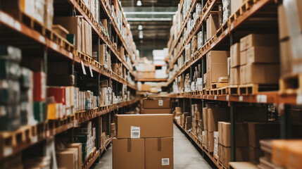 Obraz premium Organized warehouse interior showcases efficiency in logistics and supply chain management. Effective inventory control, order fulfillment, and space optimization