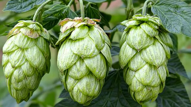Three hop cones hang from a vine in a field, showing their unique texture and green color