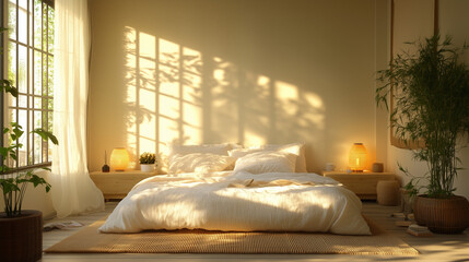 Simplified bedroom with soft lighting, large window, bamboo plants, beige and white decor, comfortable bed, natural sunlight streaming through the windows