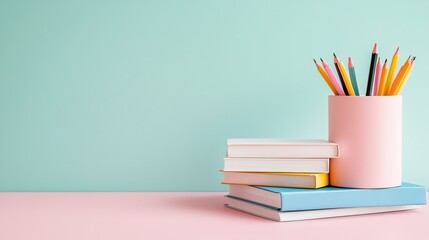 Colorful pencils in a pink cup on stacked books.