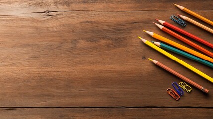 Obraz premium Colorful pencils and clips on a wooden table, creative workspace.