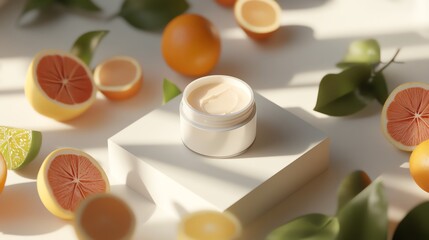 Cream jar surrounded by citrus fruits on a bright surface.