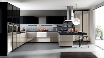 Fototapeta premium Interior of a modern kitchen with white and brown cabinets