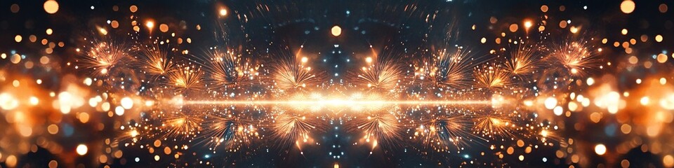 Obraz premium Symmetrical golden sparks on dark background, festive feel