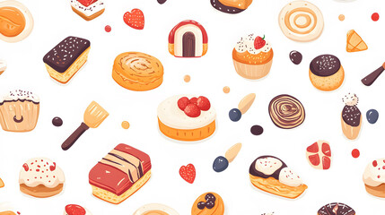 Seamless chocolate pattern featuring various baked goods like cookies, croissants, and donuts, perfect for a sweet-themed background