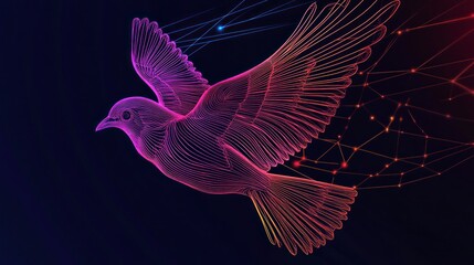 Fototapeta premium Vibrant neon light wireframe bird illustration, with glowing lines on a dark background, exuding elegance and artistic beauty 
