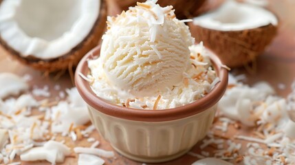 Coconut ice cream in ceramic dish surrounded by coconut flakes