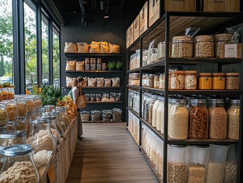 Grocery store displaying local products in sustainable bulk bins - Powered by Adobe