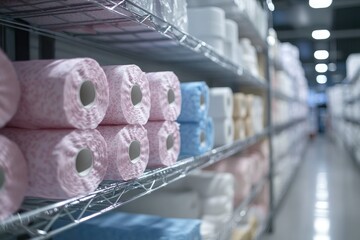 Pink and blue toilet paper rolls sitting on warehouse shelf