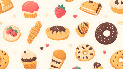 Seamless chocolate pattern featuring various baked goods like cookies, croissants, and donuts, perfect for a sweet-themed background