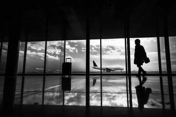 Fototapeta premium Silhouette of a man standing at the airport and looks towards a large window through which a plane is visible
