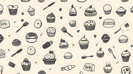 Seamless chocolate pattern featuring various baked goods like cookies, croissants, and donuts, perfect for a sweet-themed background