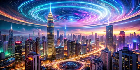 Obraz premium A vibrant city skyline bathed in the glow of an abstract celestial event, a mesmerizing tapestry of light trails and swirling colors above a futuristic metropolis.