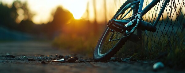 A blue bicycle leaning against a fence at sunset, capturing the essence of leisure and adventure.