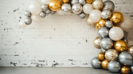 Gold and silver balloons arch on white rustic wall