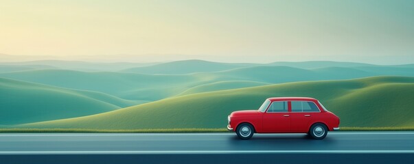 A vibrant red car parked against a serene landscape of rolling green hills and a clear sky.