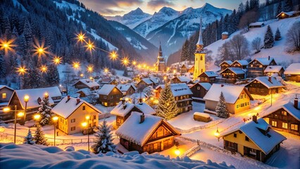 A Festive Village Nestled in the Snowy Mountain Valley, Illuminated by Twinkling Lights at Twilight