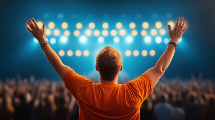 Audience member at a concert with hands raised, illuminated by stage lights, showing excitement and joy.