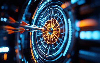 Obraz premium A close-up of a futuristic dartboard with glowing elements and arrows, symbolizing precision and targets.