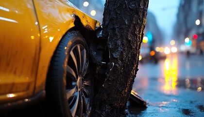 A close-up of a yellow taxi cab crashed into a tree on a rainy street at night.