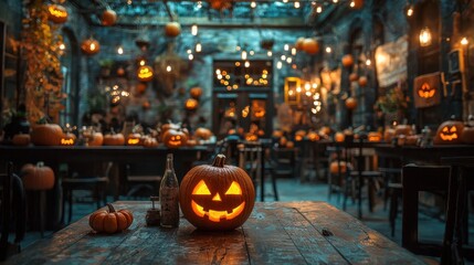 Fototapeta premium Spooky halloween ambience with jack-o'-lanterns and dim lighting