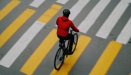 Naklejka premium A cyclist in a bright red jacket biking across a zebra crossing on a bustling city street.