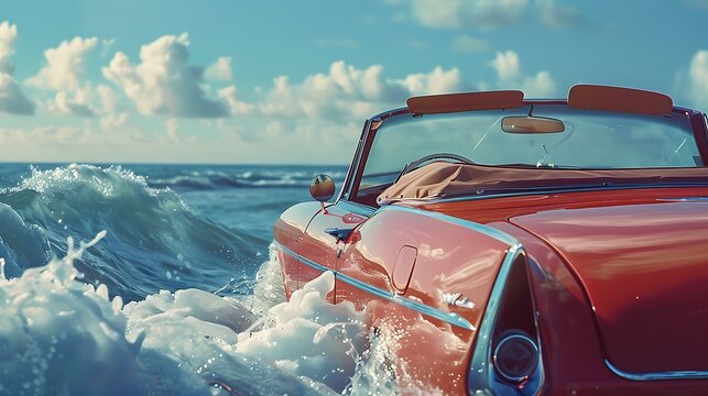 Convertible car at the beach waves in the background