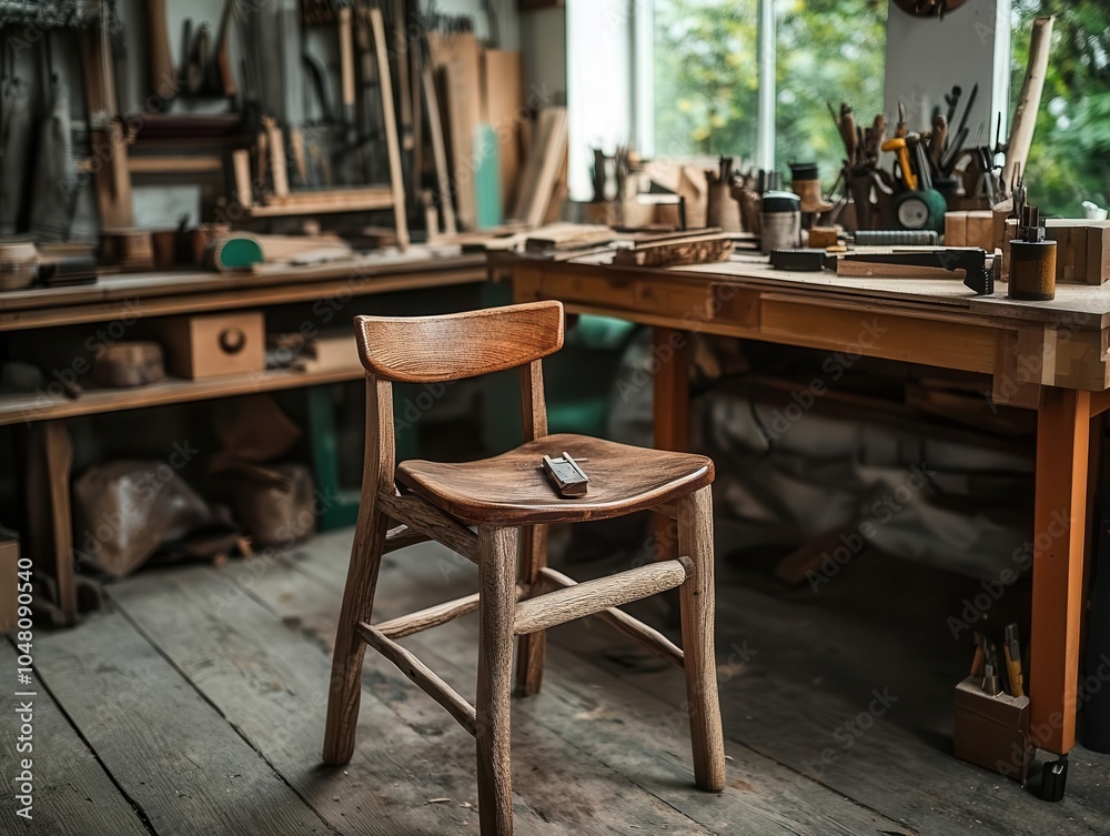 Wall mural A handcrafted wooden chair in a workshop setting.