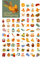 Autumn Thanksgiving flat Illustration Set Featuring Cozy Seasonal Elements