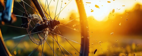 Close-up of a bicycle wheel in motion at sunset, showcasing the energy of cycling in nature.