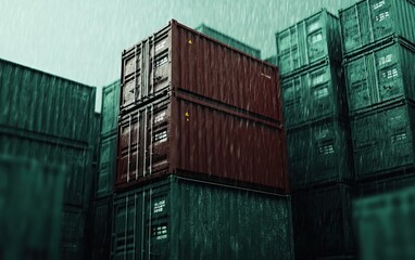 Fototapeta premium Colorful shipping containers stacked together in the rain, creating a vibrant, moody industrial scene.