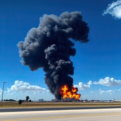 Dramatic industrial fire with thick smoke and flames against a bright blue sky.