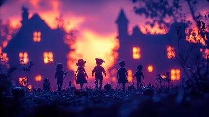 Fototapeta premium Children in costumes exploring a spooky dusk landscape