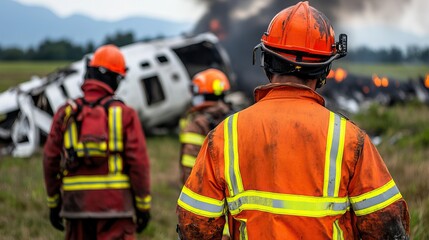 Obraz premium Firefighters responding to an emergency at a crash site, surrounded by smoke and debris.