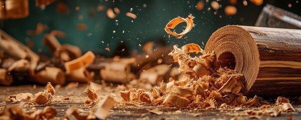 Wood shavings fly as a piece of wood is cut by a planer, close up.