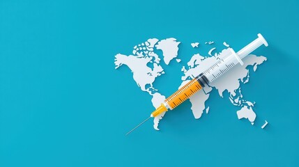The image features a syringe placed on a stylized world map, symbolizing global vaccination efforts and public health initiatives in combating diseases.