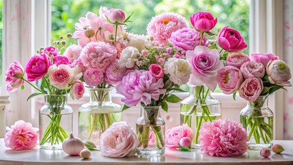 Obraz premium A delicate arrangement of pink flowers in glass vases, gracefully placed on a pristine white surface, bathed in soft natural light.