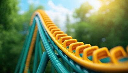 Vibrant roller coaster track against a blurred green background, depicting excitement and thrill in an amusement park.