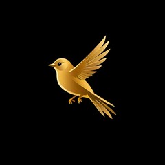 Fototapeta premium A golden bird captured in flight, its luminous feathers standing out vividly against a dark black backdrop, symbolizing freedom.