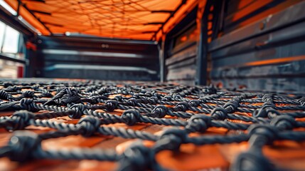 Detail of a truck cargo net in the bed showing its rugged and practical design