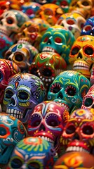 Decorated colorful skulls at market, day of Dead