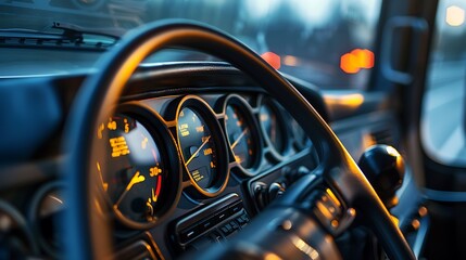 Detailed close up of a bus dashboard with speedometer