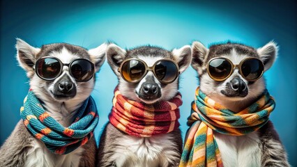 Fototapeta premium Three lemurs wearing sunglasses and scarves against blue background with depth of field