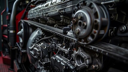 Detailed close up of a bus engine compartment with belt